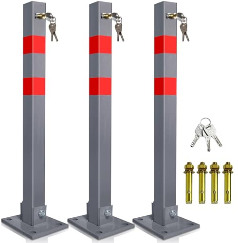 Peviasot Parkeringsspärr, vikbar, manuell avstängningsstolpe, parkeringsplatsstolpar, poller med 9 nycklar och 12 expansionsskruvar, stålspärrstolpar med reflexremsor