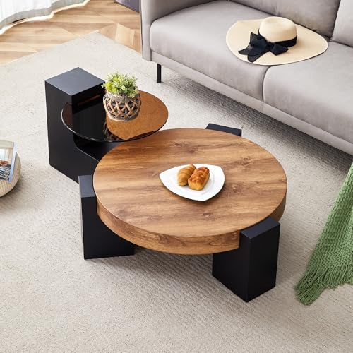 Bladez Tavolino da salotto in vetro di sicurezza a 2 livelli, moderno tavolo da soggiorno con cornice in MDF in effetto marmo bianco e nero, design minimalista, 90 x 70 x 44 cm (MDF + vetro, nero +