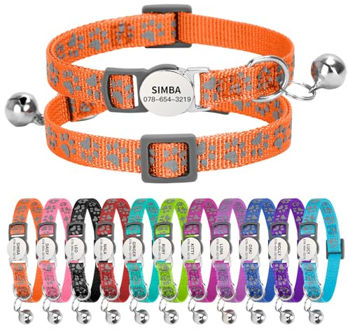 Personalised Reflective Cat Collar with Name Tag,Quick Release Kitten Collars with Bell Safety Buckle, Adjustable Nylon Cat Collar for Cats Kittens UK Prime (19–30 cm, Orange Paw)