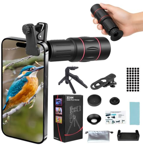 28X Telephoto Zoom Lens with Tripod for iPhone Samsung Android Camera, HD Clip-On Monocular Telescope for Moon, Concerts, Wildlife, Sports Events, Bird Watching, Portable Smartphone Lens Kit