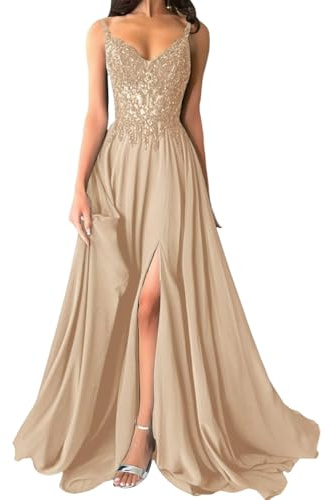 shownicer Robe De Soiree Femme Chic et Elegant Robe Mariage Invitée Bal Robes Dentelles Florales en Mousseline De Soie Bretelles Fente A Kaki 38
