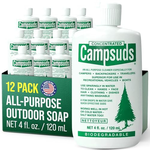 CONCENTRATED CAMPSUDS Sierra Dawn Biodegradable Camping Soap - All-Purpose Camp Dish Soap, Shampoo, Body Wash - Wilderness Wash for Backpacking & Travel, 4 Fl Oz, 12 Pack