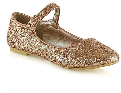 Womens Shoes Glitter Slip On Flats Ladies Mary Jane Strap with Buckle Close Toe Bridesmaid Bridal Flower Girl Ballet Pumps Size 3-9