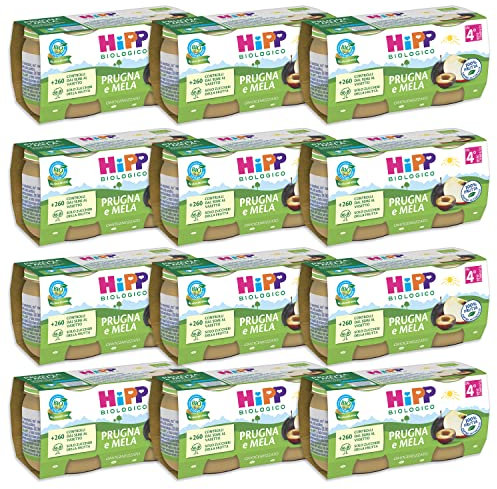 HiPP - Omogeneizzato di Frutta Biologico per Neonati, Gusto Prugna e Mela, 100% Frutta, 24 Vasetti da 80 g