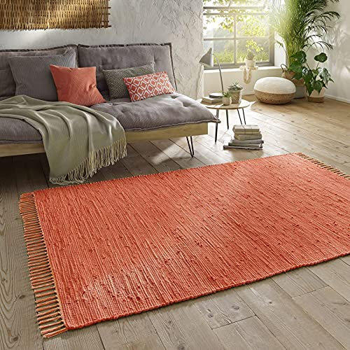 Taracarpet Handwebteppich Läufer Fleckerl Teppich Uni waschbar aus Baumwolle für Wohnzimmer und Küchenteppich 120x180 cm Terracotta