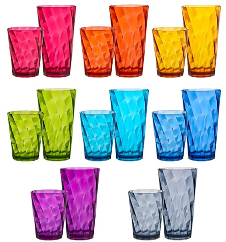 US Acrylic Optix Plastic Reusable Drinking Glasses (Set of 16) 14oz Rocks & 20oz Water Cups in Jewel Tone Colors | BPA-Free Tumblers, Made in USA | Top-Rack Dishwasher Safe