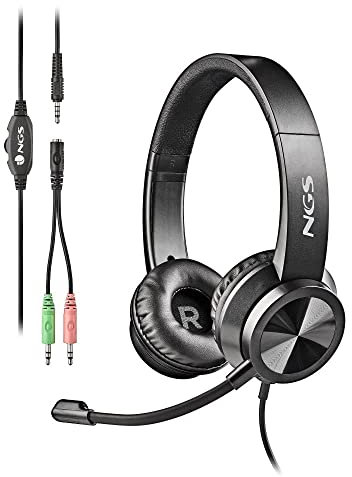 NGS MSX11 Pro - Auricular Stereo Micrófono Ajustable, Conexión Jack 3.5mm y Adaptador Doble Jack, 20 Hz, Negro