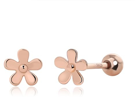 Meissa Pendientes de Tornillo Floral de Plata de Ley 925 Hipoalergénicos con Cierre de Bola Dorados y Chapados en Oro Rosa para Niñas, Mujeres y Niños, Oro rosa