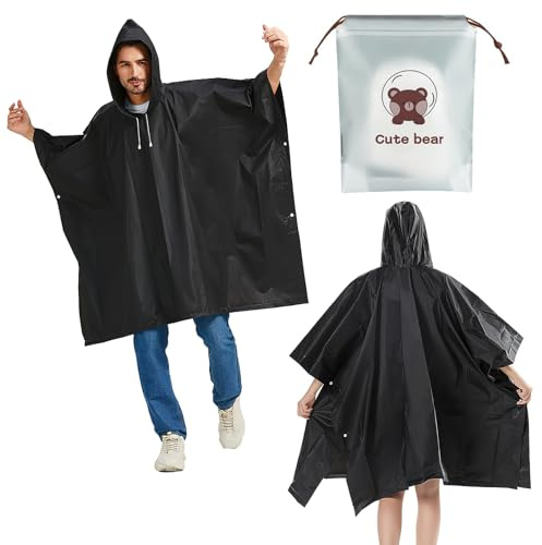 Scettar 2 Pcs Waterproof Rain Poncho for Adult, Black Windproof and Lightweight Reusable poncho waterproof adult with Hood waterproof poncho for Outdoor Hiking Travel Cycling Camping with Storage Bag