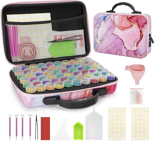 TORIBIO 60 Slots Diamond Painting Storage Boxes, 90 PCS Diamond Art Accessories and Tools Kits with Pens, 5D Diamond Embroidery Sorting Box for DIY Art Craft Jewelry Beads Rhinestones Storage(Pink)