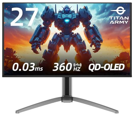 TITAN ARMY 27 Zoll QD OLED Gaming Monitor, 360Hz, QHD 2560x1440, 0.03ms GTG, Adaptive-Sync Rahmenloser Monitor, 99% DCI-P3 HDR400, Low Blue Light Verstellbarer Ständer, Type-C 65W/DP/HDMI/USB, G27T8T