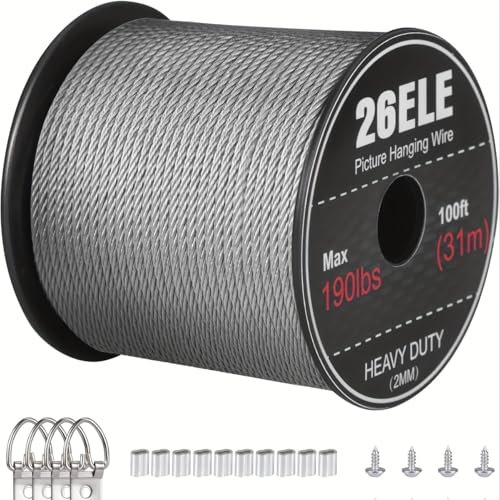 Tolstil Picture Hanging Wire 190lbs, Heavy Duty Stainless Steel Wire Rope for Hanging Picture Frame Mirror and Wall Art, Strong Metal Wire 100Feet with 20PCS Crimping Sleeves, 4 D Rings and 8 Screws