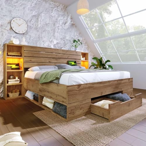 YEHTOKHOME Lit en Bois Massif,lit Multifonctionnel avec Port de Charge USB et Type-C,lit Double avec lumières LED,lit de Rangement avec 2 tiroirs(sans Matelas) (chêne 2, 160x200cm)