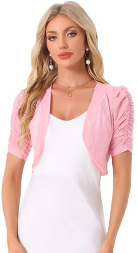 Allegra K Dam Bolero Casual Kortärmad Mesh Cardigan Trimmad, Rosa, XS