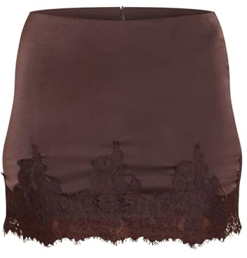 SANSIWU Womens Y2k Satin Lace Trim Mini Skirt Silk Lace Patchwork Back Zipper Wrap Mini Skirts Tight Bodycon A Line Short Skirts (A-Coffee, L)