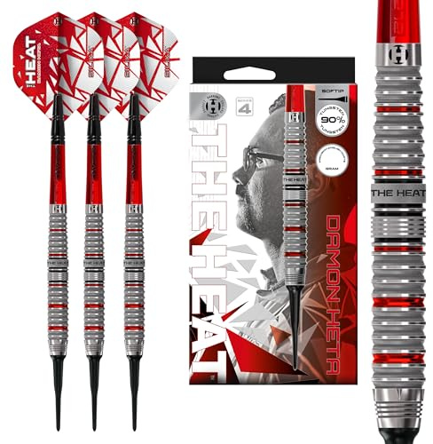 Harrows Dardos de punta blanda Damon Heta 90% de tungsteno, juego de dardos de punta suave, disponible en 18 g y 20 g, con cañas Alamo VS2 y plumas de sílice, diseño inspirado en el jugador