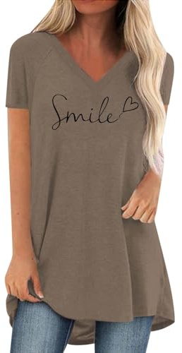 T-shirt damer v-ringad lång skjorta kortärmad oversize t-shirt tunika enfärgad baströja lång blus toppar italienskt mode lång tröja lång blus damer avslappnad, kaki, M