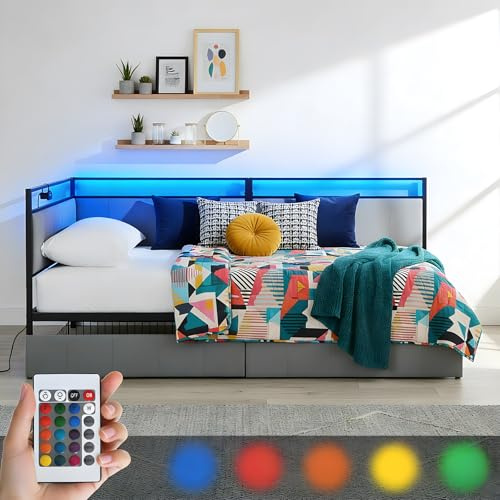 ZECIIYE Sofá Cama de 90x200 cm con Luz LED,2 Cajones de Almacenamiento, Cabecero Tapizado en Tela, Puerto USB, Somier de Lamas Metálicas – Cama Individual para Adultos, Niños, Salón o Dormitorio–Gris