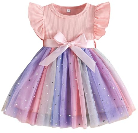 LUVCES Vestido de Tul para Niña Pequeña Volantes Mangas Estampado Floral Informal Vestido de Verano para Fiesta de Cumpleaños para Niñas 2 a 6 años