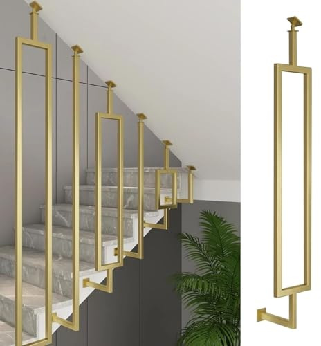 Modern Gold Stair Railing - Adjustable Angle, Floor to Ceiling Metal Balustrade Square Guardrail for Level & Slope Staircases, Side-Mounted & Space-Saving(Style B,H-220cm/86.6in/7.2ft)