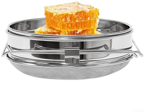 Durashmall Colador de miel de acero inoxidable de doble capa de malla 650 y 1875, filtros de extracción de miel limpia, brazos ajustables para 5 a 10 galones para uso versátil para apicultura y cocina