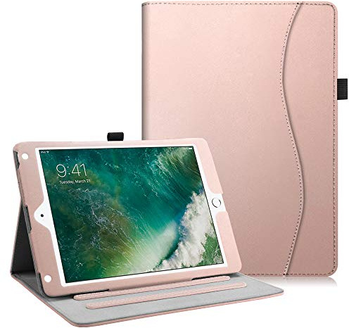 FINTIE Fodral för iPad 9,7 tum 2018 2017, iPad Air 2/Air 1 | med ficka - [Flera ringar] Folie Vikbar Skyddshölje Bil Väckning/Sömn, (Roséguld)