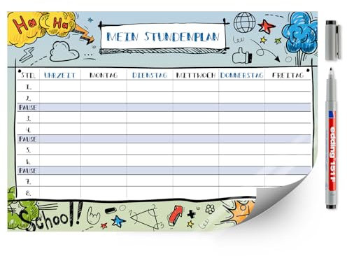 younikat Stundenplan abwischbar selbstklebend I Comic I inkl. Stift I wiederbeschreibbar I Schulanfang I dv489