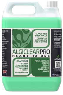 Algiclear Pro Ready to Use - Green Algae, Liverwort & Mould Remover for Large Outdoor Spaces – Cleans & Brightens Fences, Roof Tiles, Solar Panels, Concrete, Tarmac & Bricks up to 60 m² - 5 Litres