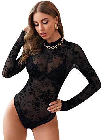SweatyRocks Women's Mock Neck Leopard Long Sleeve Mesh Bodysuit Leotard Floral Black S