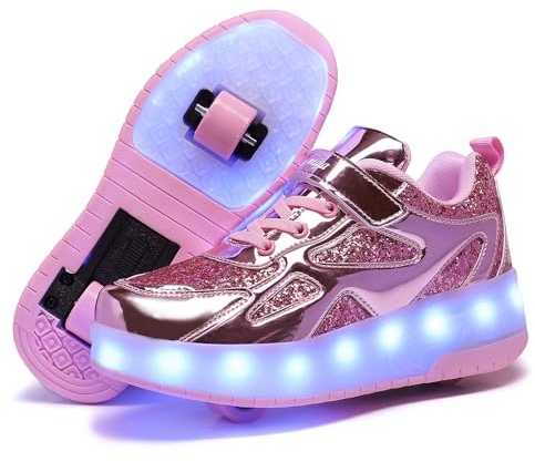 Aizeroth USB Ricarica LED Luci Brillantini Skateboard Scarpe Sportive con Rotelle Retrattile Sneakers Outdoor Multisport Luminose Running Calzature da Ginnastica per Bambini Regalo di Compleanno