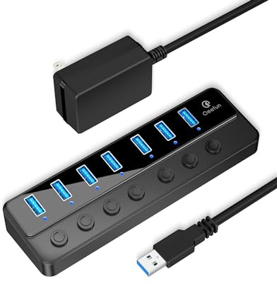 Qeefun Powered USB 3.0 Hub, 7-Ports USB Date Hub, 12V/2A 24W USB Extension Splitter und individuelle LED Power Switches Unterstützt MacBook, PC, HDD, SSD, Flash Drive, Mobile und mehr
