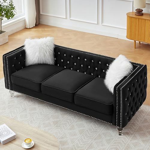 Homies Life 83 Chesterfield Sofa, Velvet Mid-Century Modern Upholstered Couch with 2 Throw Pillows and Acrylic Legs, Nailhead Button Tufted Vintage Sofa for Living Room, Apartment, Office, Black