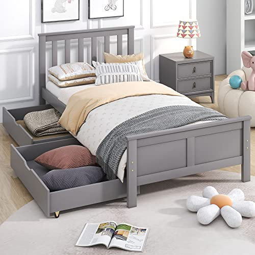 BTM Wooden Solid Gray Pine Storage Bed with Drawers Bed Furniture Frame for Adults, Kids, Teenagers 3ft Single (Gray 190x90cm)