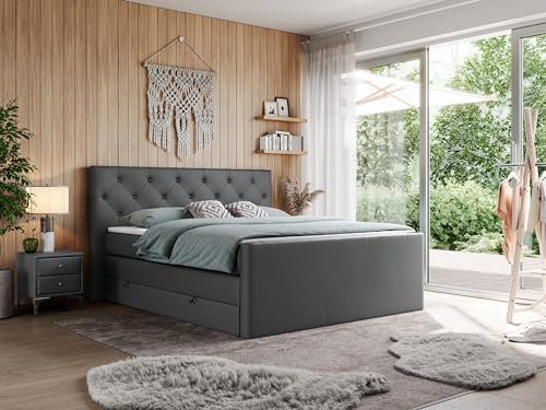 MKS MEBLE King Boxspringbett 160x200, Polsterbett 160x200 mit Bettkasten, Bett 160x200 mit Multipocket-Matratze H4, Boxspringbett 160x200 mit Kopfteil und Topper - H4 Dunkelgrau Kunstleder - Velen