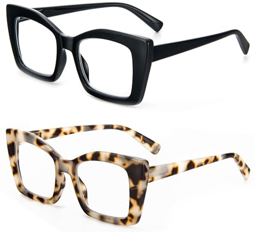 MMOWW Paquete de 2 gafas de lectura de gran tamaño para mujeres con montura cuadrada, estilo de moda, anti luz azul para mujeres y hombres +2.5