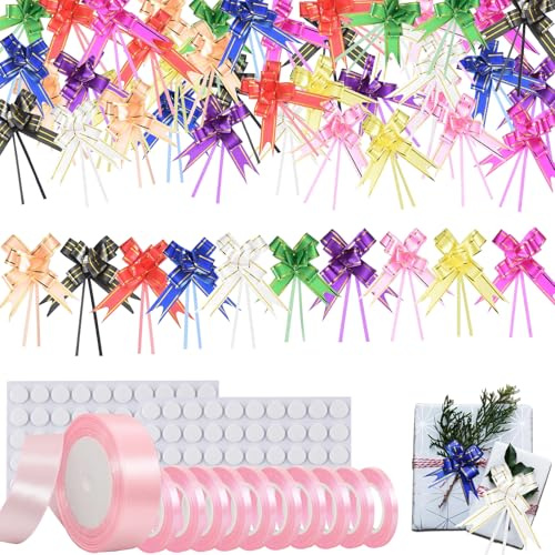 DYMHQ 100Pcs Tirar Lazos de Regalo Reutilizable, Lazos Decoración de Colores Surtidos, Mini Lazos Navideños de Tira Conpuntos Adhesivos, Cinta De Lazo Decorativos para Presente Cestas Bodas Fiestas
