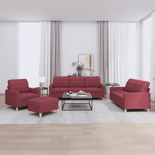 Gecheer Juego de 4 piezas de sofás de salón, modernos, con 6 plazas, con reposapiés, de tela, rojo vino, sofá de tela moderna, sillón + sofá de 2 plazas + sofá de 3 plazas + reposapiés para salón de