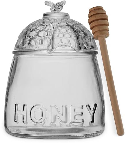 TIENDA EURASIA – Tarro de Miel con Cuchara y Tapa | Mielera | con Tapa | Recipiente de Cristal | Incluye Cuchara para Miel | Tarro de Boca Ancha para Guardar