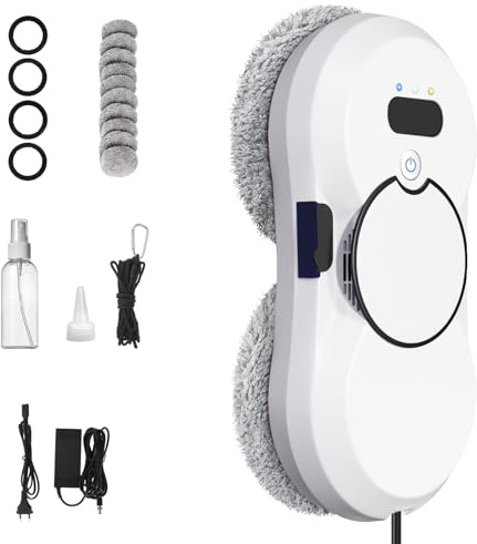Sinbide Fönsterrengöringsrobot, automatisk fönstertvättsrobot med tre rengöringslägen, dubbel vattenspray, säkerhetssystem och 10 dukar, för alla släta ytor (vit)