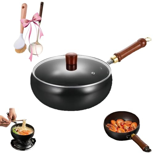 Japansk smidd järnpanna, obelagd järnpanna, japansk handsmidd non-stick järnpanna utan, beläggning med lock, för spisens gasomrörningsstekpannor, med spatel (glasskydd, 28 cm)