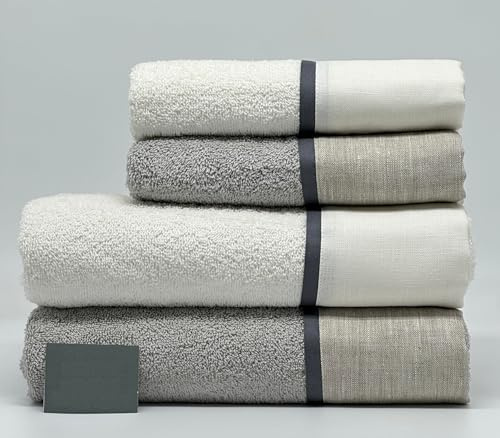 Mahome Set Asciugamani 4 Pezzi 450 Gr/m² 100% Cotone Italiano Artigianale con Balza in Lino | Set 2 Viso + 2 Ospite Morbidi Soffici Made in Italy (Grigio Balza Lino)