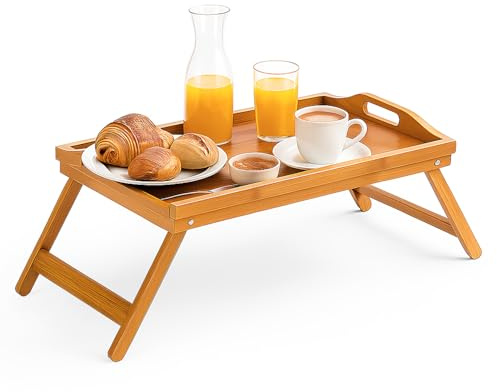 TIENDA EURASIA – Bandeja Cama | 100% Bambú Natural | con Asas y Patas Plegables | Color Marrón Claro | Medidas 50x30x21 cm | Forma Rectangular | Fácil de Limpiar