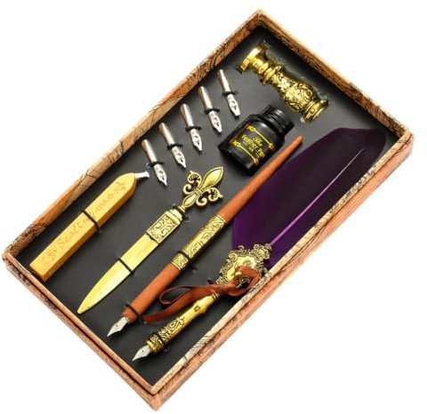 Fjäder kalligrafi penna bläckset | Quill Pen Set Antik kalligrafi Dip Pen | med bläck | bläckset innehåller fjäderpenna, bläck, ersättningsspetsar, kuvertverktyg, vintage romantisk alla hjärtans pre