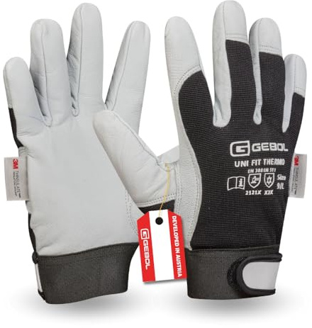 Gebol Uni Fit Thermo, 1 Paar Arbeitshandschuhe Herren - Ziegenleder Winterhandschuhe mit Klettverschluss & Thinsulate-Futter, kälteisolierend für Outdoor-Arbeit, Gr. L (Gr.9), Weiß/Schwarz
