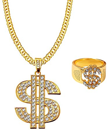JKJF dollarskylt halsband ring set 80-tal 90-tal hip hop halsband rappare guldkedja för män kvinnor fest cosplay tillbehör - guld