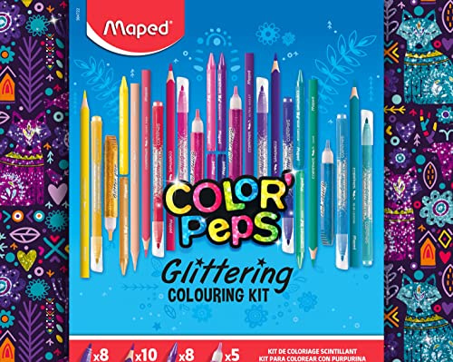 Maped, Color'Peps glittrande färgläggningssats, set med 8 glitterpennor + 10 färgpennor + 8 kritor + 5 limrör, dekorerad låda 984723 flerfärgad