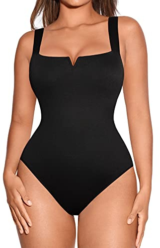 FeelinGirl Faja Reductora Mujer Adelgazante Vientre Plano Body Moldeador Cuello Cuadrado con Muesca en V Shapewear Bodysuit Abdominal Negro M