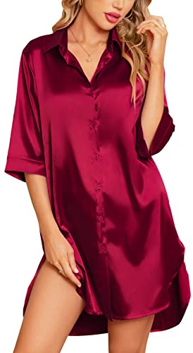 Samring Chemise de nuit en soie pour femme - Manches 3/4 - Boutonnière - Robe de nuit en satin pour femme