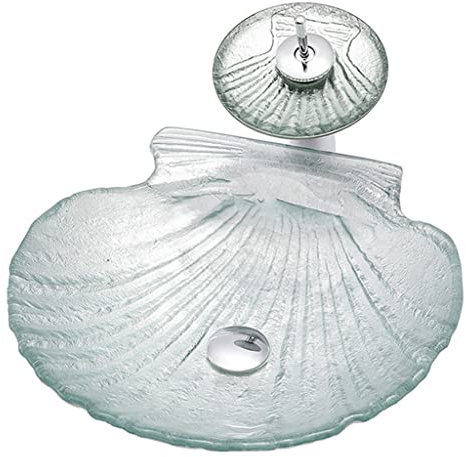 MBROS Cuarto de baño Lavabo de Recipiente de baño Moderno En Forma de Concha Lavabo de Vidrio Lavabo Instalación de encimera Lavabos de tocador de baño con Grifo Cromado y Drenaje emergente (Color