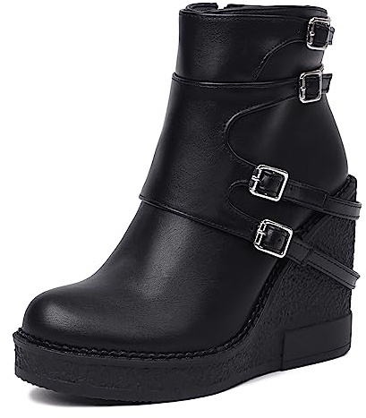 Diuniarza Bottines Femme à Talons Hauts Bout Rond Chaussons Habillés Compensées Bottes Courtes Zip avec Plateforme, 685Wfc Noir-Pu Taille 37 EU